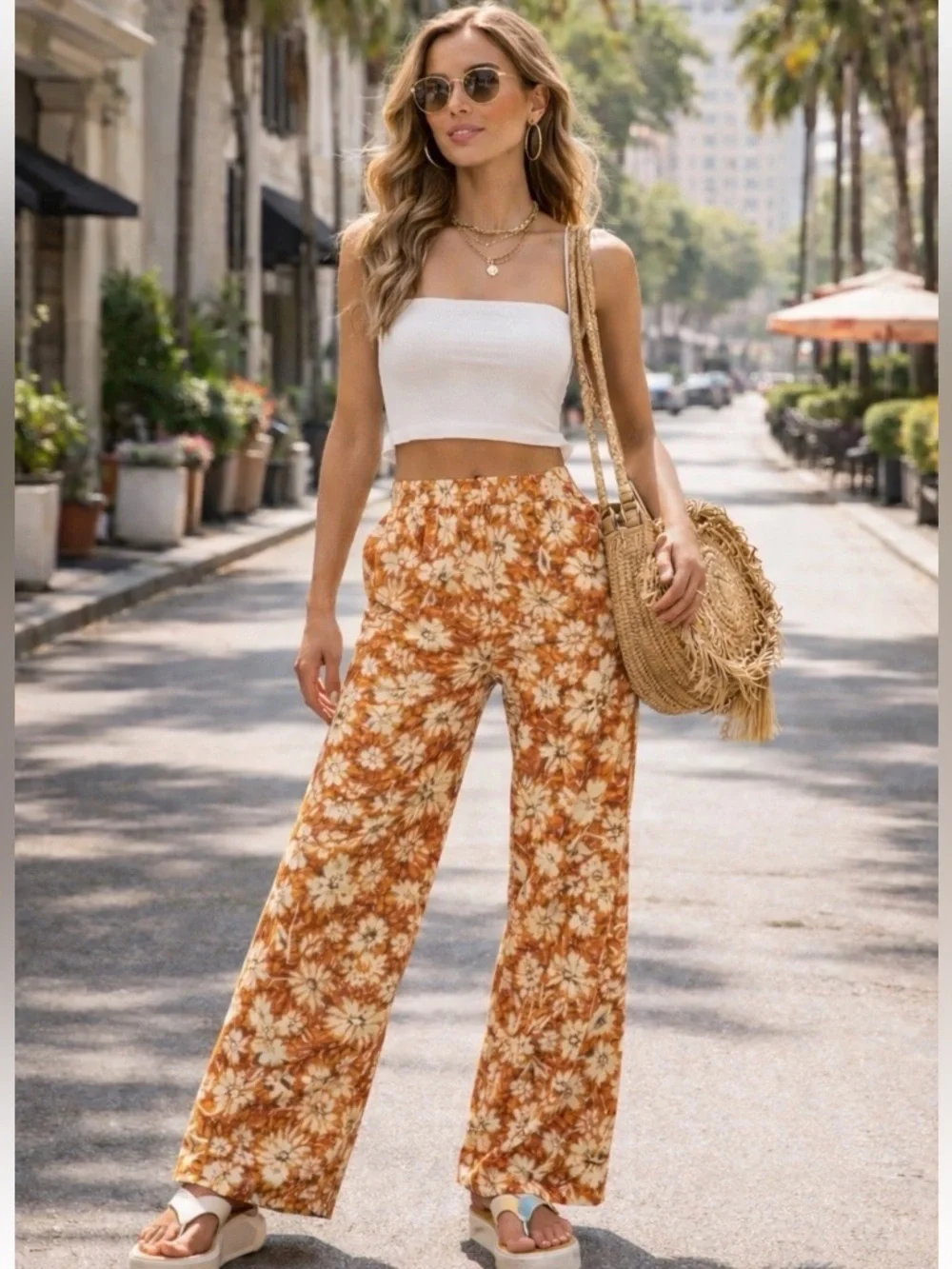 Zara Linen Blend Floral Wide Leg High Rise‎ Pants Boho Summer Festival Womens XS
